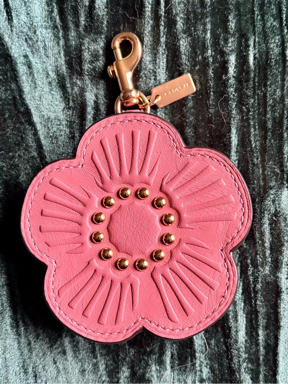 Coach Pink Tea Rose Flower Leather Keychain Coin Purse Bag Charm